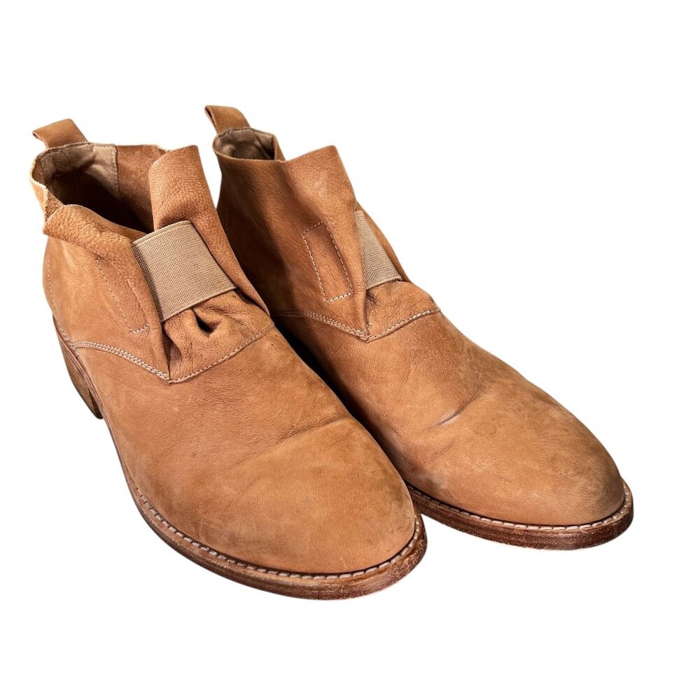 Eileen Fisher Tan Leather Ankle Boots Elastic Gore Low Block Heel Pull Tabs Sz 8